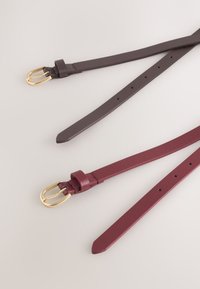 Due cinture in pelle, una marrone scuro e l'altra borgogna, con fibbie dorate, texture liscia e numerosi fori di regolazione lungo la cinghia.