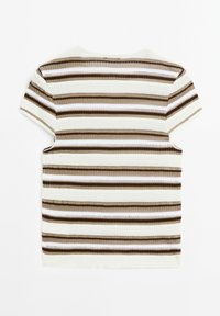 Short-sleeve top in a ribbed texture featuring horizontal stripes in cream, brown, and white. Crew neckline with side slits.