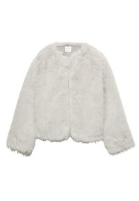 Grå jakke af imiteret pels med rund halsudskæring, lange ærmer og cropped design. Blød tekstur med en blød overflade. Ingen synlige lukninger.