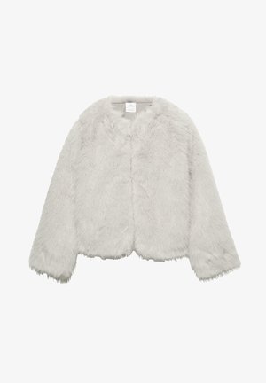 Graue Jacke aus Kunstpelz mit rundem Ausschnitt, langen Ärmeln und kurzem Schnitt. Weiche Textur mit plüschigem Finish. Keine sichtbaren Verschlüsse.