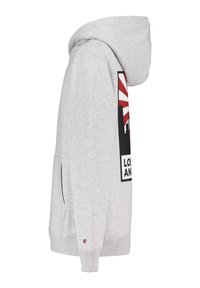 Felpa grigia con cappuccio, dotata di tasca frontale e stampa grafica nera con dettagli rossi. Tessuto misto cotone, polsini e orlo a coste.