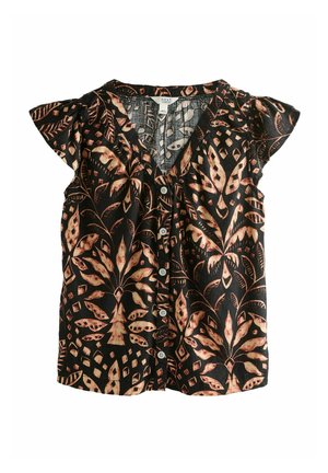 Zwarte blouse met korte mouwen, voorzien van een bloemenpatroon in tinten van roest en crème, met een knoopsluiting aan de voorkant en een relaxte pasvorm.
