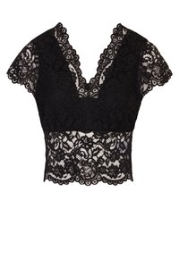 Top corto in pizzo nero con scollatura a V profonda, maniche corte a campana e modelli floreali intricati, con dettagli a bordo scallop.