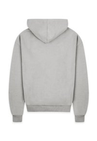 Grauer Kapuzenpullover mit großzügiger Kapuze, aus weichem Stoff gefertigt, mit langen Ärmeln und elastischen Bündchen, ohne vordere Gestaltung oder Verzierungen.