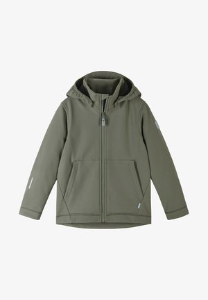 Olive green softshell jacket with a zip front, hood, two front pockets, and reflective accents on sleeves. Smooth texture and minimal design.