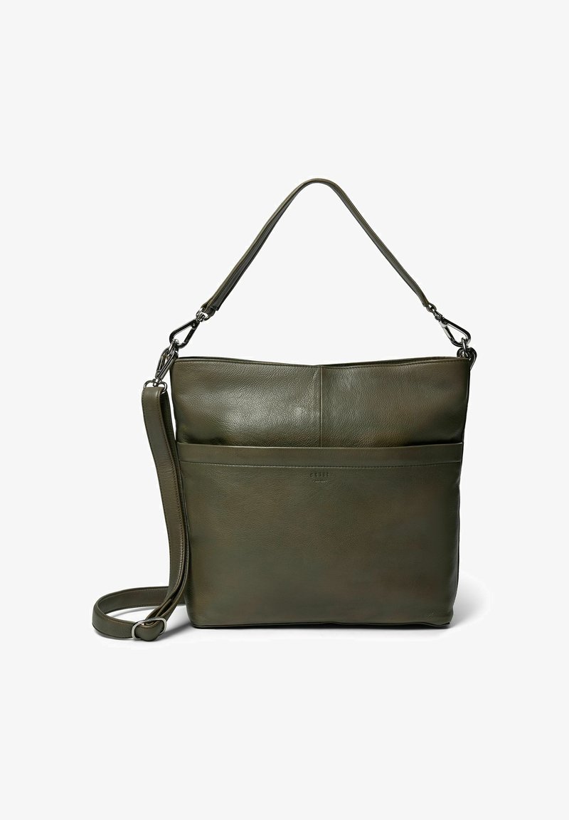 Olijfgroene lederen schoudertas met verstelbare schouderband, voorvak en een gladde textuur. Subtiele merknaam in relief op de voorkant.