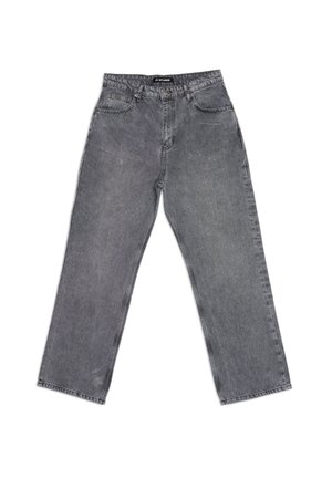 Hallid denim püksid sirge lõikega, viie taskuga, vöökohasaldusega ja pleekinud tekstuuriga. Lihtne disain, ilma nähtavate mustriteta.