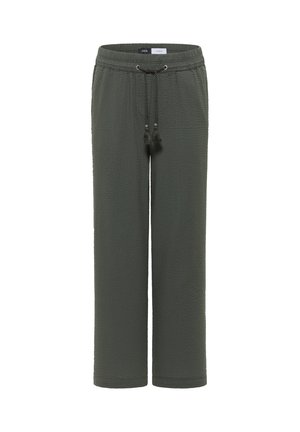 Dunkelgrüne, strukturierte, weit geschnittene Hose mit elastischem Bund und Kordelzug.