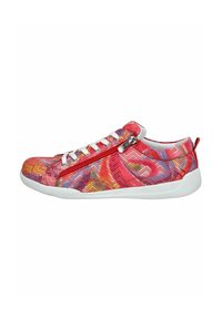 Sneaker rosso e multicolore con una tomaia in rete, lacci bianchi e una cerniera sul lato. Presenta una suola in gomma testurizzata.