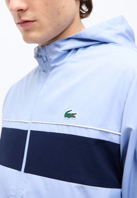 Κοντινό πλάνο ανώτερου κορμού που φοράει ένα ανοιχτό μπλε μπουφάν με κουκούλα, με μια οριζόντια ναυτική ρίγα και ένα μικρό πράσινο λογότυπο κροκόδειλου στο στήθος.