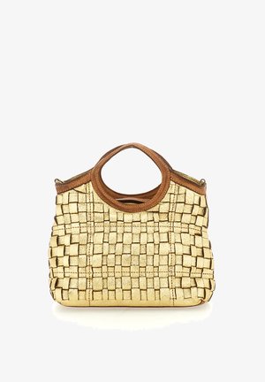 Borsa intrecciata con texture dorata, dettagli in pelle marrone, manico rotondo e forma strutturata. Presenta un motivo a griglia su tutta la superficie.