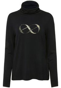 Maglietta nera a maniche lunghe con collo a imbuto realizzata in tessuto morbido, con un grafico di un simbolo infinito argentato al centro. Texture liscia.