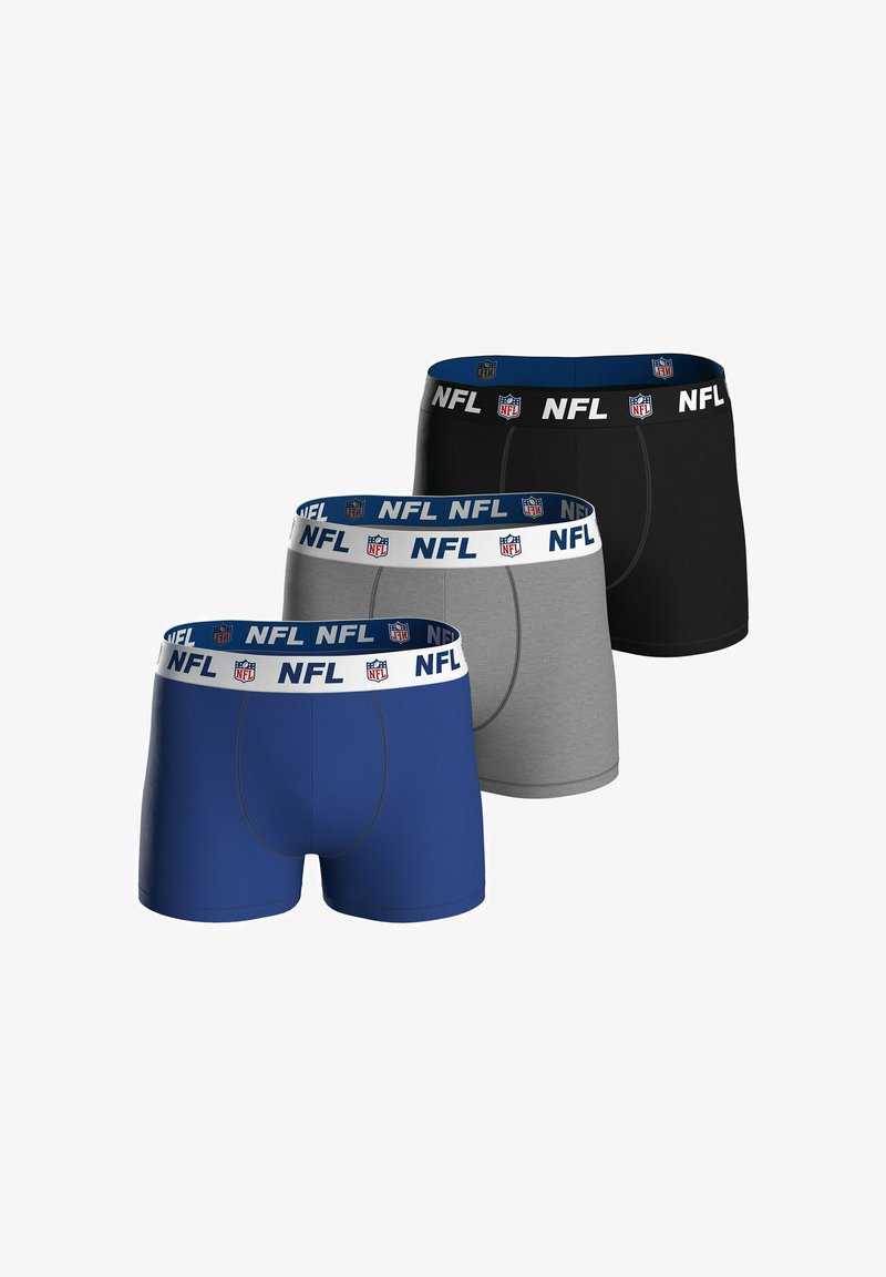 Set aus drei Boxer-Shorts in einem Farbschema aus Blau, Grau und Schwarz. Jede hat einen elastischen Bund mit NFL-Branding.