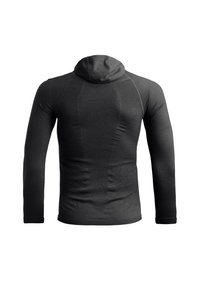 Long-sleeve hooded shirt in dark gray, featuring a fitted design, smooth texture, and raglan sleeves for enhanced movement.