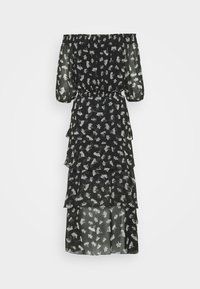 Schwarzes schulterfreies Kleid mit schichtiger, Rüschendesign; durchsichtiger Stoff verziert mit weißen Blumenmustern; elastisches Taillenband.