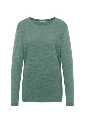 Maglione verde a maniche lunghe con una texture morbida, caratterizzato da un motivo a coste e un collo rotondo. Il materiale sembra leggero e informale.