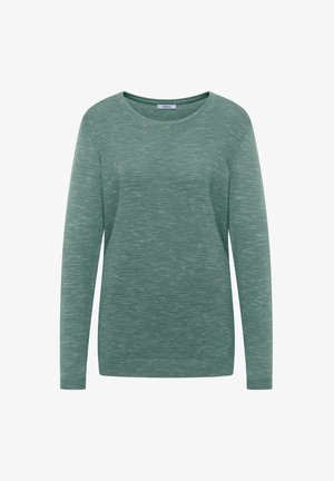 Long-sleeve green sweater with a soft texture, featuring a ribbed pattern and a rounded neckline. The material appears lightweight and casual.