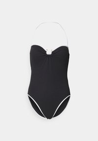 Costume da bagno intero nero con accenti bianchi, presenta un colletto a cuore, dettaglio frontale arricciato e accessori dorati al centro.