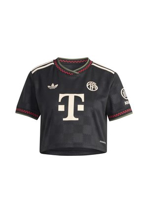 Maillot de football noir coupé avec des bordures rouge et vert, logo T blanc au centre avant, logo Adidas sur la poitrine gauche, et logo Allianz sur la manche droite.
