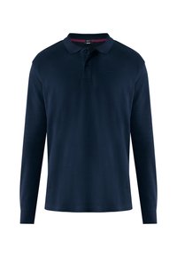 Marineblaue Langarm-Polo-Shirt aus strukturiertem Stoff, mit klassischem Kragen, drei Knöpfen und einem dezenten Logo auf der Brust.