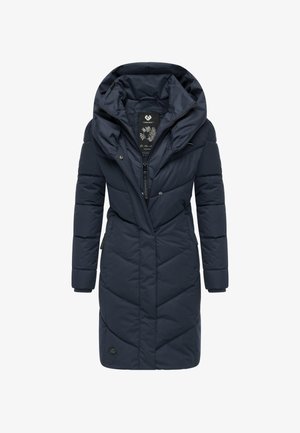 Parka matelassée bleu marine avec capuche, fermeture à glissière, surpiqûres diagonales, poches latérales et écusson logo près de l'ourlet.