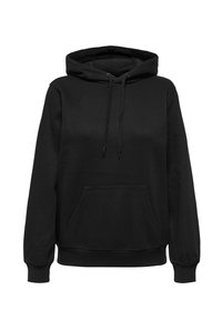 Czarna bluza z kapturem wykonana z miękkiego materiału, z przednią kieszenią, kapturem na sznurku i ściągaczami przy rękawach. Posiada luźny krój i gładką fakturę.