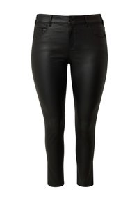 Mustad mustnahast kitsad püksid, millel on keskmise kõrgusega talje, viie tasku disain ja sile tekstuur. Omab nupukinnitust ja vöökohasid.