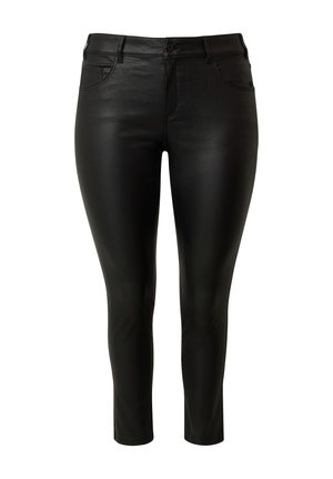 Black faux leather skinny pants with a mid-rise waist, five-pocket design, and smooth texture. Features a button closure and belt loops.