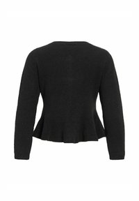 Melns džemperis ar pepluma dizainu, garām piedurknēm un apaļu kakla izgriezumu. Izgatavots no mīksta, teksturēta auduma. Nav redzamu metāla detaļu vai rakstu.