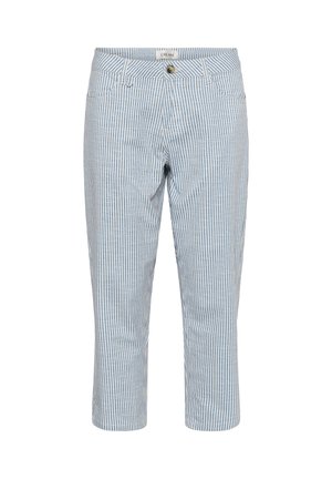 Kék-fehér függőlegesen csíkozott, középmagas, rövidnadrág gombos és cipzáras rögzítéssel, valamint elülső zsebekkel.