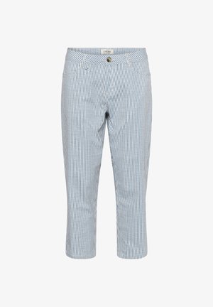 Kék-fehér függőlegesen csíkozott, középmagas, rövidnadrág gombos és cipzáras rögzítéssel, valamint elülső zsebekkel.