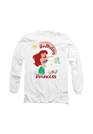Long-sleeve white shirt featuring a cartoon character, a red-haired mermaid, surrounded by flowers and the text "Birthday Princess" in red.