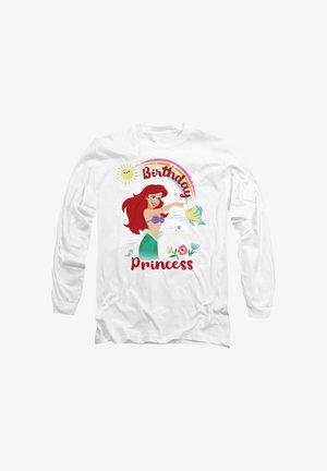 Long-sleeve white shirt featuring a cartoon character, a red-haired mermaid, surrounded by flowers and the text "Birthday Princess" in red.