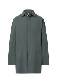 Dunkelgrauer Mantel mit langen Ärmeln und Kragen, verdeckter Knopfleiste, zwei Seitentaschen und kleinem Logotext auf dem linken Ärmel.