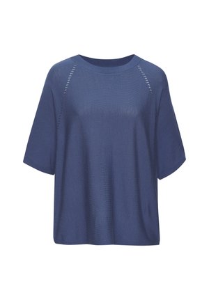 Marineblaues, kurzärmeliges Strickoberteil mit rundem Ausschnitt und dezentem, perforiertem Detail entlang der Schulternähte.