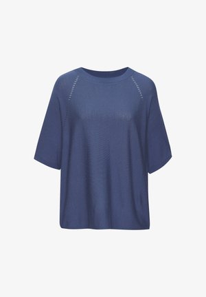 Haut tricoté bleu marine à manches courtes avec encolure ronde et détail perforé subtil le long des coutures des épaules.