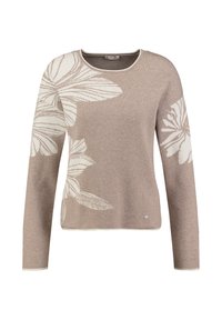 Beżowy sweter z białym wzorem kwiatowym, długimi rękawami, okrągłym dekoltem i delikatnym wykończeniem przy hemie. Miękka dzianinowa struktura, casualowy design.