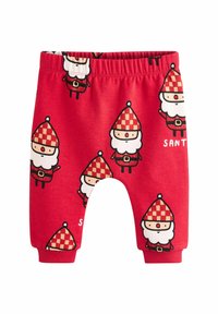 Červené bavlněné kalhoty pro batolata s opakujícím se potiskem Santa Claus, s kostkovanými čepicemi a bílými vousy. Elastický pas pro snadné nošení.