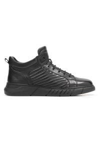 Black high-top sneakers made of smooth leather, featuring ribbed accents, rounded toe, and a cushioned sole with a textured grip pattern.