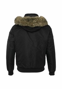 Schwarze gesteppte Jacke mit einem Kunstpelzbesatz an der Kapuze, gerippten Bündchen und Taillenbund. Verfügt über eine glatte Textur und ein nahtloses Design.