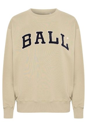 Beige genser med teksturert marineblå brodert tekst som sier "BALL," rund hals, samt ribbestrikkede ermer og hem.