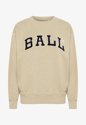 Felpa beige con testo ricamato in rilievo blu navy che reca la scritta "BALL", colletto a giro, e polsini e orlo a coste.