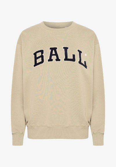 Felpa beige con testo ricamato in rilievo blu navy che reca la scritta "BALL", colletto a giro, e polsini e orlo a coste.