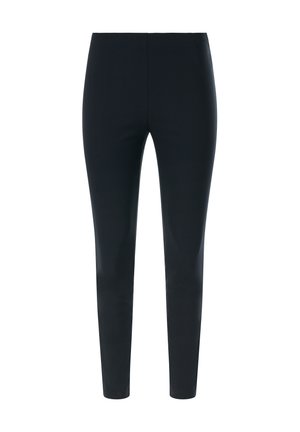 Schwarze, enge Hose mit glatter Textur und ohne sichtbare Nähte, gestaltet mit hohem Bund und zulaufenden Beinen.