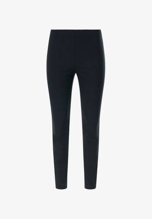 Schwarze, enge Hose mit glatter Textur und ohne sichtbare Nähte, gestaltet mit hohem Bund und zulaufenden Beinen.