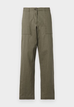 Olijfgroene broek van katoen, met een rechte pijp, twee grote zijzakken en een knoopsluiting bij de taille.