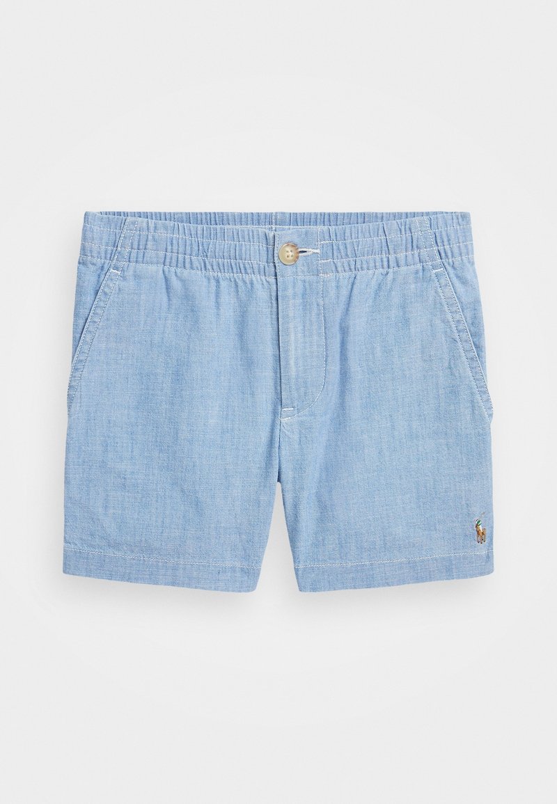 Pantalones cortos de algodón de color azul claro con una cintura elástica, bolsillos delanteros y un pequeño logotipo bordado en la parte inferior derecha.