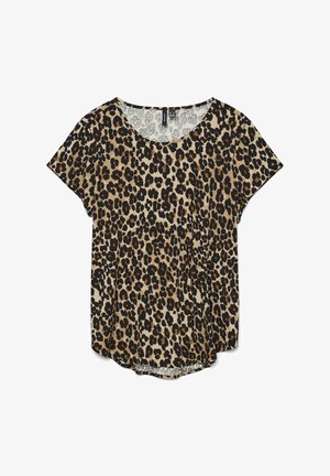 Leopardenmuster Kurzarmoberteil in Beige und Schwarz mit Rundhalsausschnitt und leicht geschwungener Säume, aus einem weichen, leichten Stoff gefertigt.