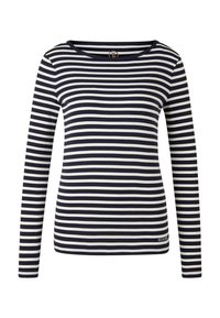 Long-sleeve navy and white horizontal striped shirt with round neckline and small logo near hem on white background.