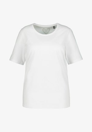 Biała bawełniana koszulka, krótki rękawek, okrągły dekolt. Posiada subtelny detal serca wewnątrz kołnierza. Gładka tekstura, luźny krój.